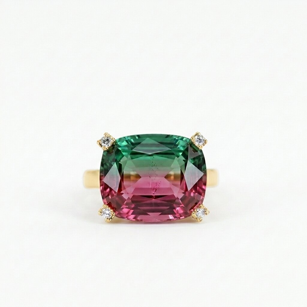 Bi-Color Watermelon Tourmaline Cushion Cut Engagement Ring, Gold Band Statement Jewelry