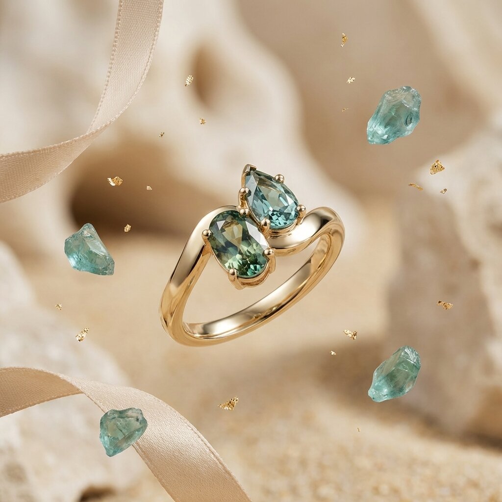Toi et Moi Teal Sapphire Bypass Ring | Oval Pear Lab Grown Gold Promise
