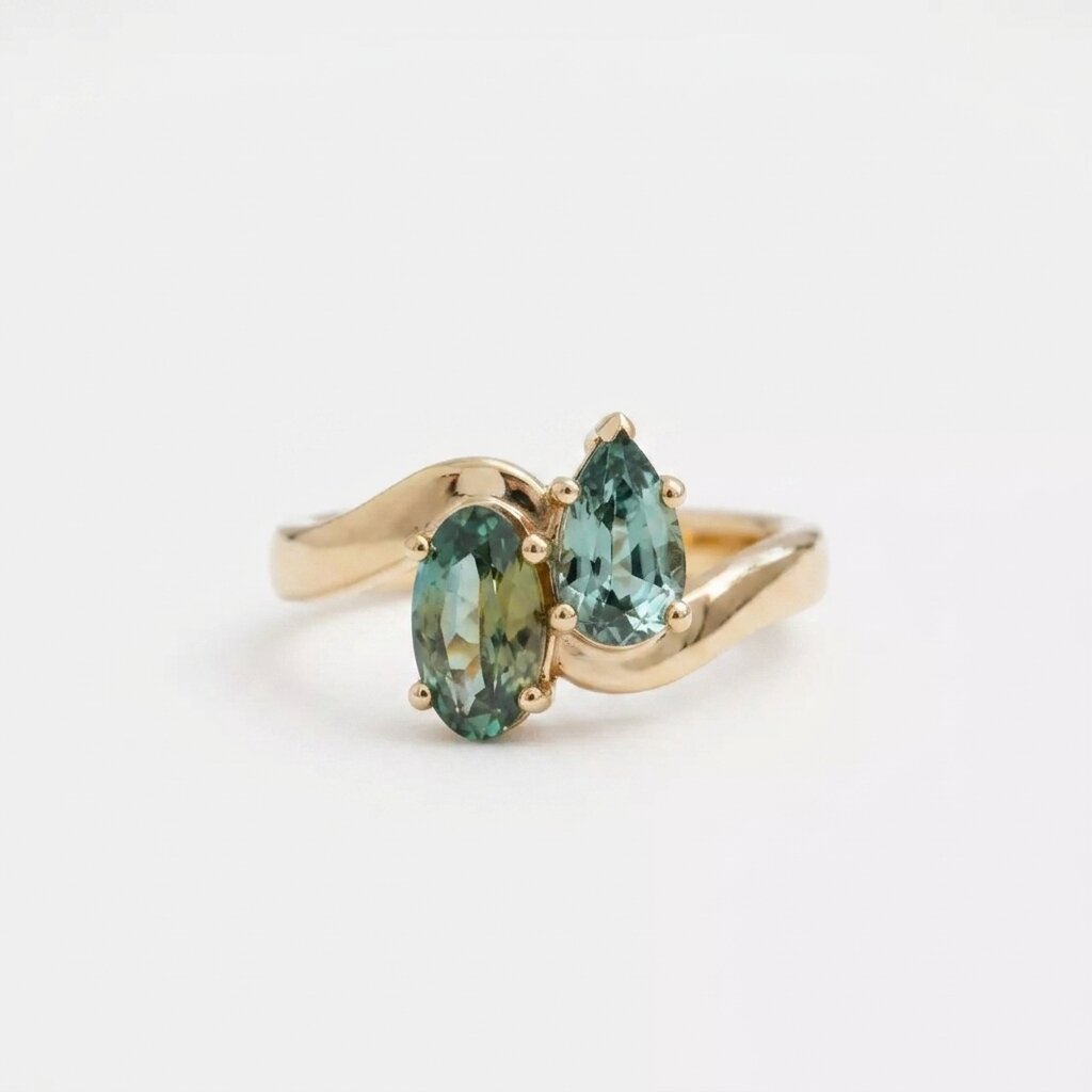 Toi et Moi Teal Sapphire Bypass Ring | Oval Pear Lab Grown Gold Promise