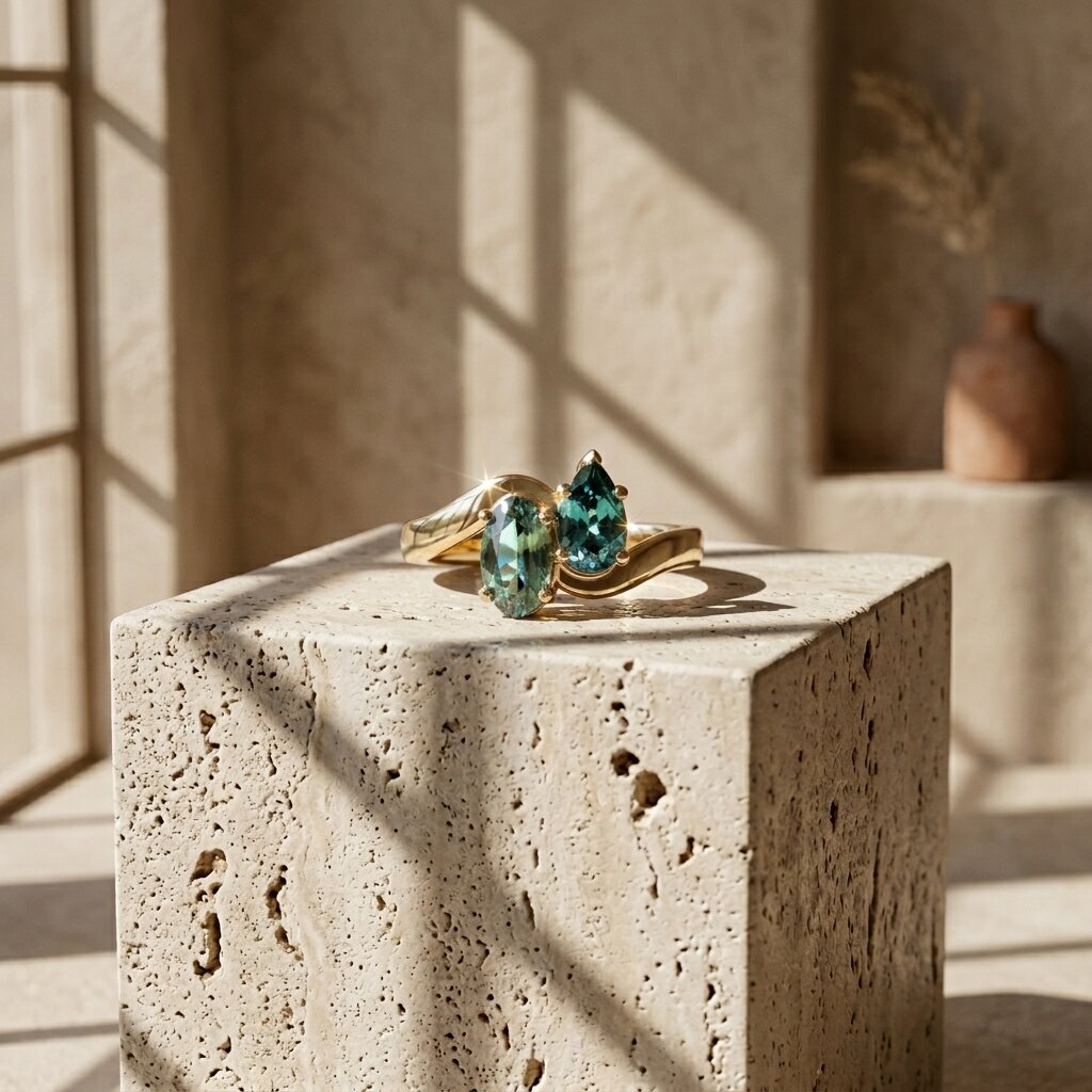 Toi et Moi Teal Sapphire Bypass Ring | Oval Pear Lab Grown Gold Promise