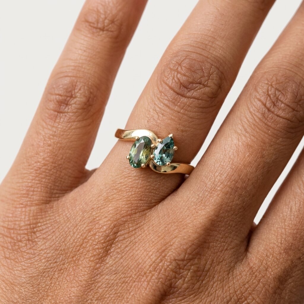 Toi et Moi Teal Sapphire Bypass Ring | Oval Pear Lab Grown Gold Promise