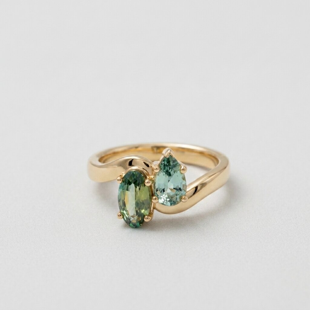 Toi et Moi Teal Sapphire Bypass Ring | Oval Pear Lab Grown Gold Promise