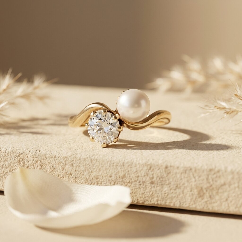 Pearl Diamond Engagement Ring, Oval Moissanite Ring, Two Stone 14K Gold Wave Ring, Minimalist Promise Ring, Vintage Inspired Bridal Jewelry