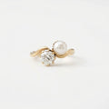 Pearl Diamond Engagement Ring, Oval Moissanite Ring, Two Stone 14K Gold Wave Ring, Minimalist Promise Ring, Vintage Inspired Bridal Jewelry