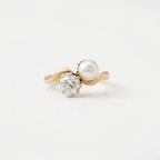 Pearl Diamond Engagement Ring, Oval Moissanite Ring, Two Stone 14K Gold Wave Ring, Minimalist Promise Ring, Vintage Inspired Bridal Jewelry
