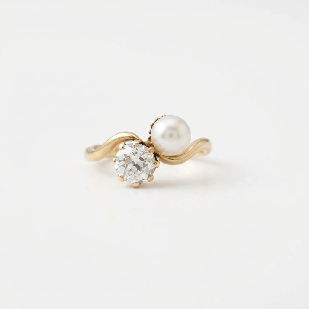 Pearl Diamond Engagement Ring, Oval Moissanite Ring, Two Stone 14K Gold Wave Ring, Minimalist Promise Ring, Vintage Inspired Bridal Jewelry