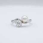 Pearl Diamond Engagement Ring, Oval Moissanite Ring, Two Stone 14K Gold Wave Ring, Minimalist Promise Ring, Vintage Inspired Bridal Jewelry