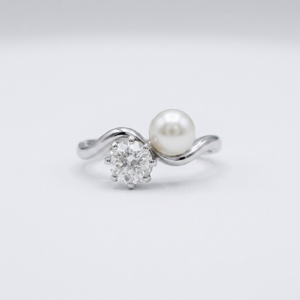 Pearl Diamond Engagement Ring, Oval Moissanite Ring, Two Stone 14K Gold Wave Ring, Minimalist Promise Ring, Vintage Inspired Bridal Jewelry