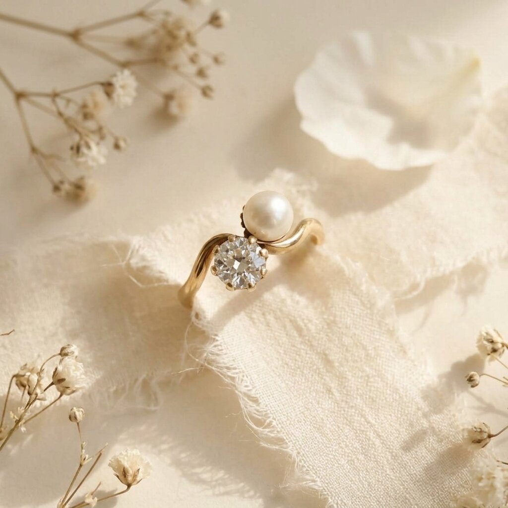 Pearl Diamond Engagement Ring, Oval Moissanite Ring, Two Stone 14K Gold Wave Ring, Minimalist Promise Ring, Vintage Inspired Bridal Jewelry