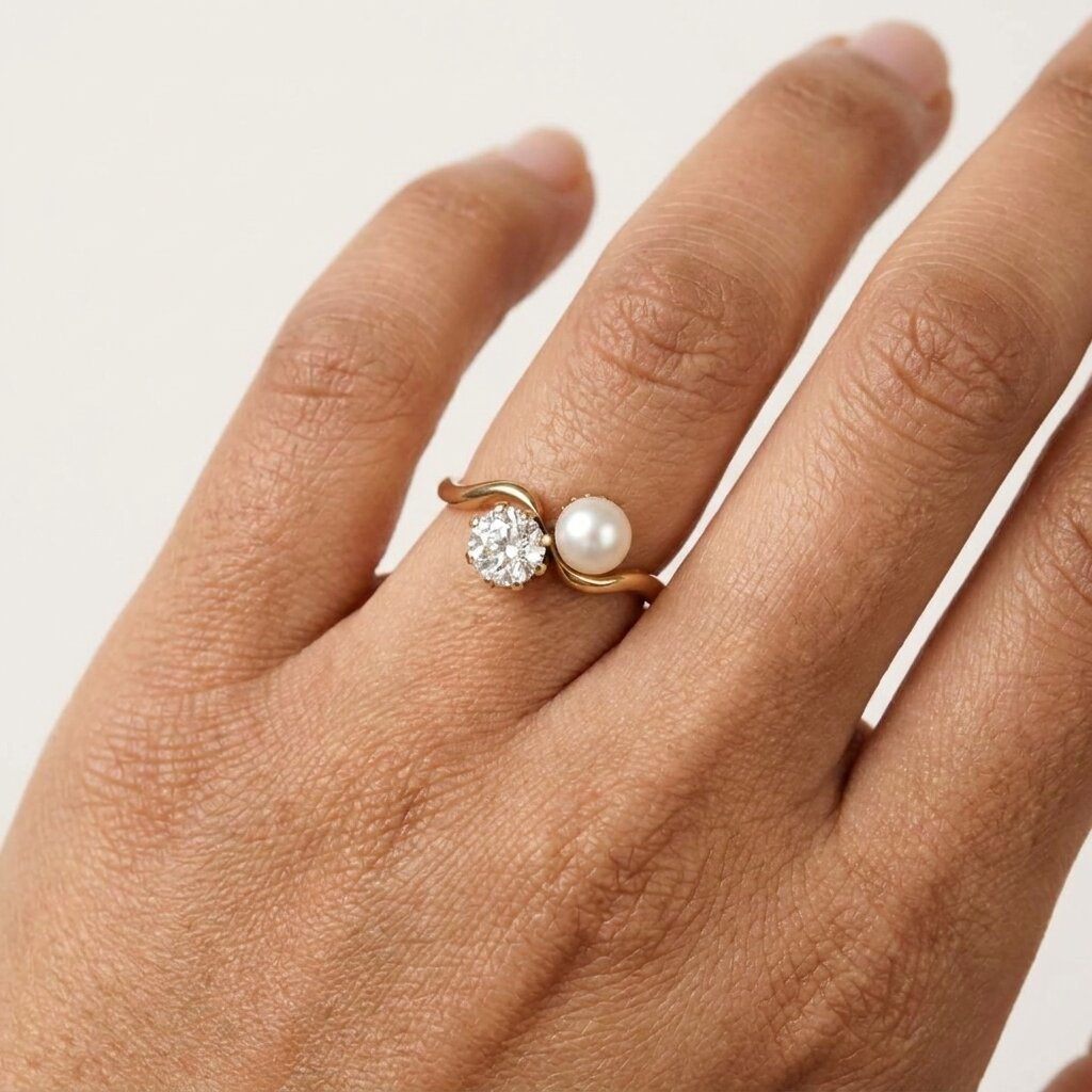 Pearl Diamond Engagement Ring, Oval Moissanite Ring, Two Stone 14K Gold Wave Ring, Minimalist Promise Ring, Vintage Inspired Bridal Jewelry