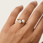 Pearl Diamond Engagement Ring, Oval Moissanite Ring, Two Stone 14K Gold Wave Ring, Minimalist Promise Ring, Vintage Inspired Bridal Jewelry