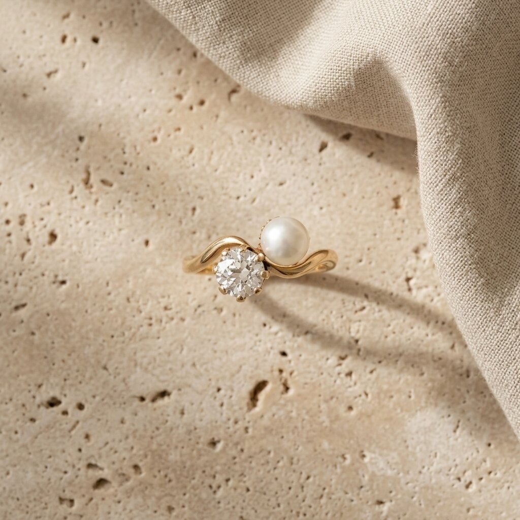 Pearl Diamond Engagement Ring, Oval Moissanite Ring, Two Stone 14K Gold Wave Ring, Minimalist Promise Ring, Vintage Inspired Bridal Jewelry