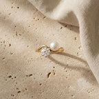 Pearl Diamond Engagement Ring, Oval Moissanite Ring, Two Stone 14K Gold Wave Ring, Minimalist Promise Ring, Vintage Inspired Bridal Jewelry