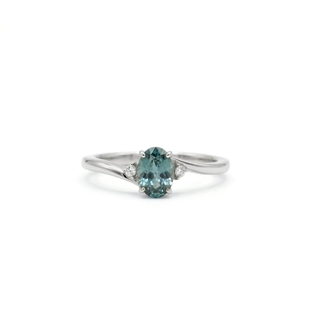 14K Gold Oval Teal Sapphire Bypass Ring, Diamond Accents, Anniversary Gift For Her
