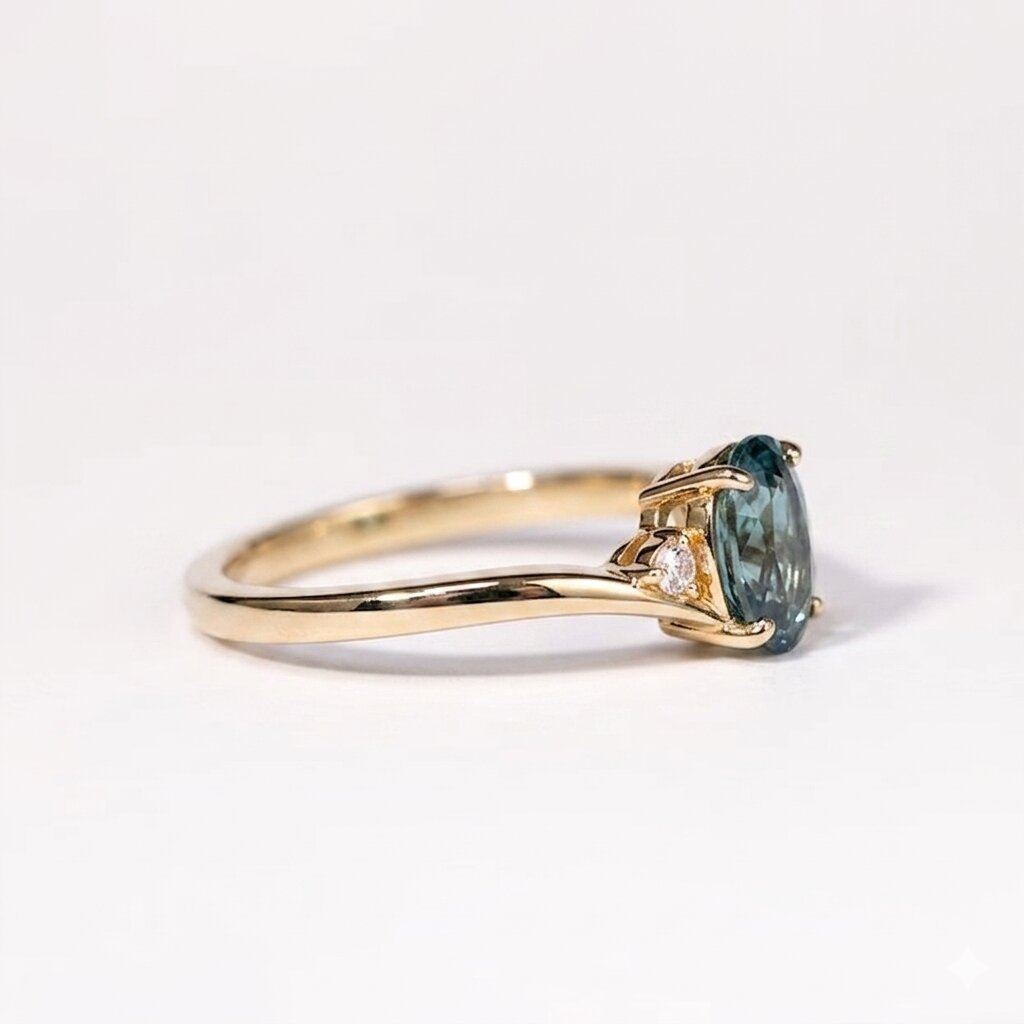 14K Gold Oval Teal Sapphire Bypass Ring, Diamond Accents, Anniversary Gift For Her