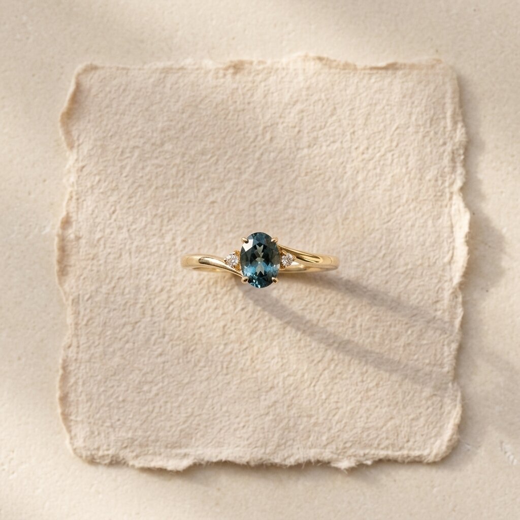 14K Gold Oval Teal Sapphire Bypass Ring, Diamond Accents, Anniversary Gift For Her