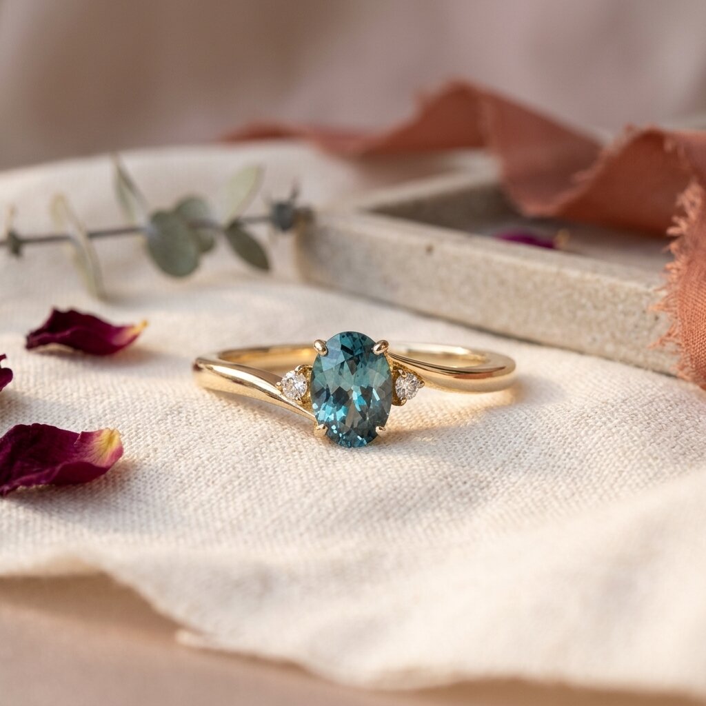 14K Gold Oval Teal Sapphire Bypass Ring, Diamond Accents, Anniversary Gift For Her
