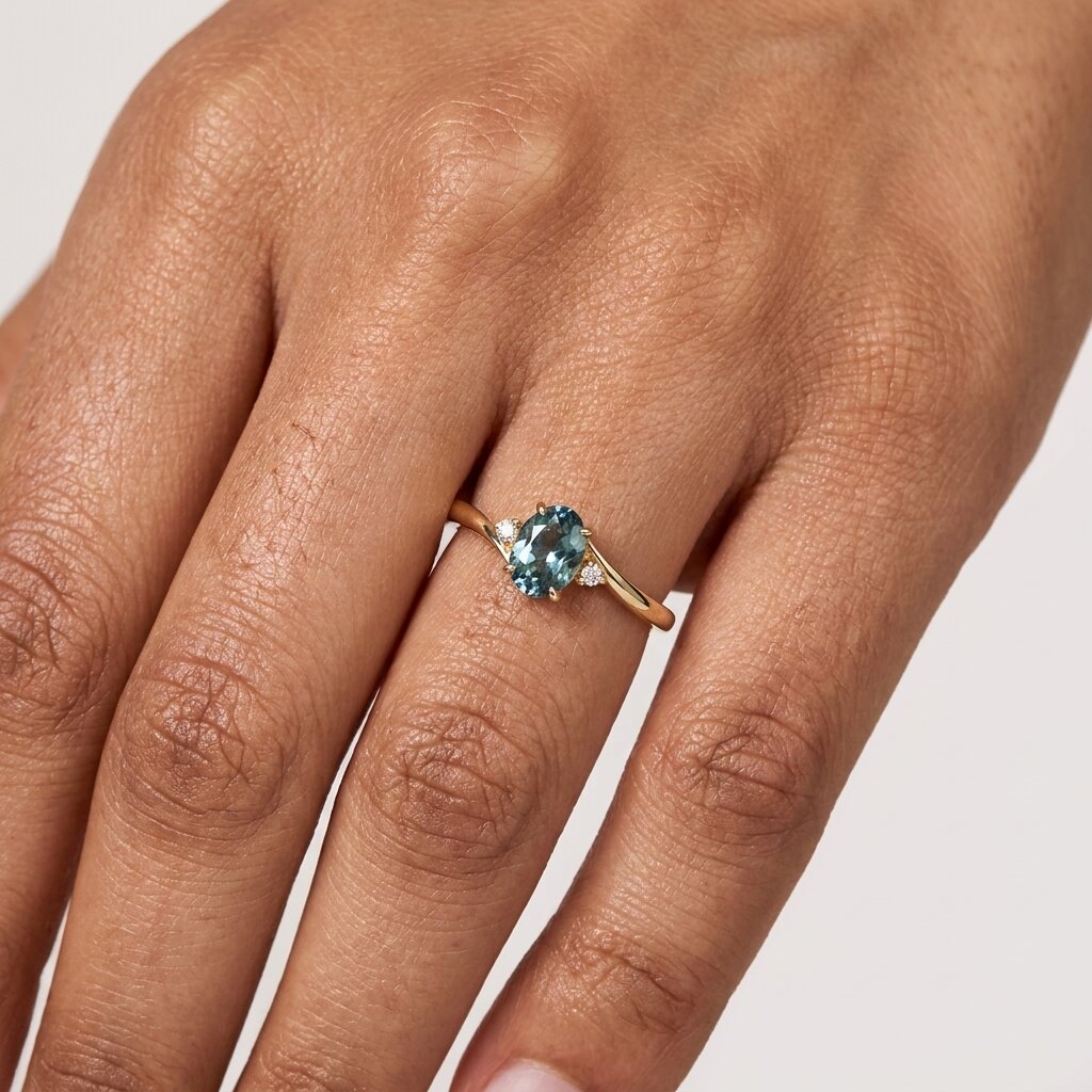 14K Gold Oval Teal Sapphire Bypass Ring, Diamond Accents, Anniversary Gift For Her