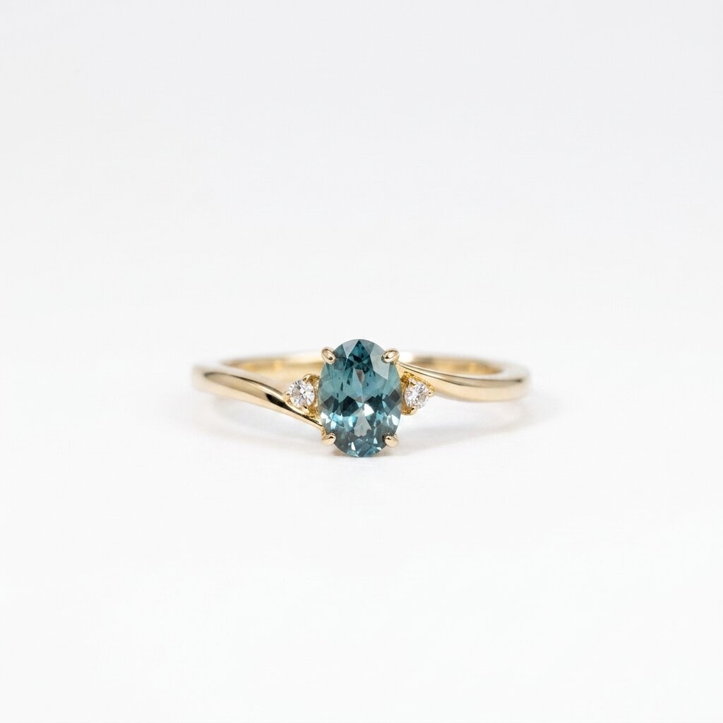 14K Gold Oval Teal Sapphire Bypass Ring, Diamond Accents, Anniversary Gift For Her