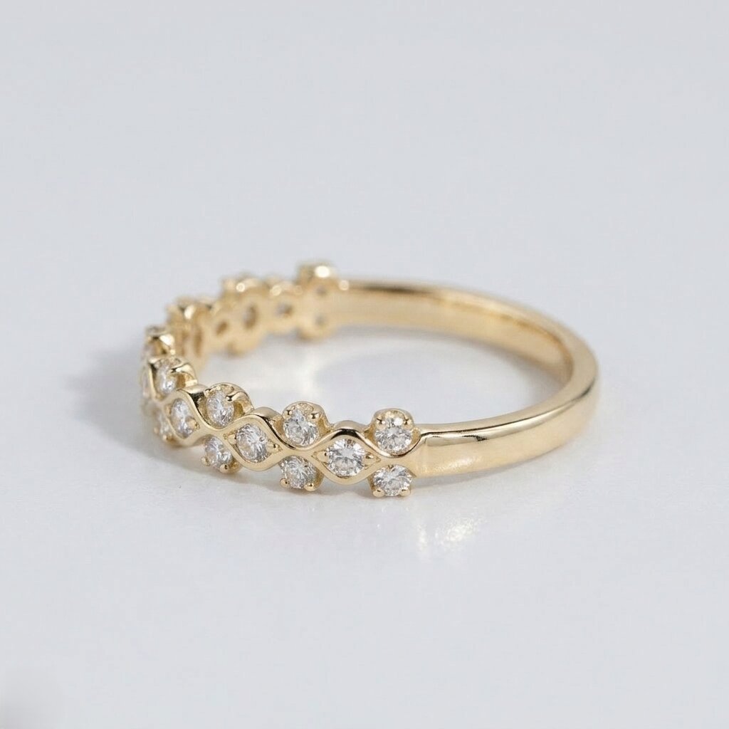 Wavy Moissanite Wedding Band, Dainty Stacking Ring, Curved Half Eternity Band