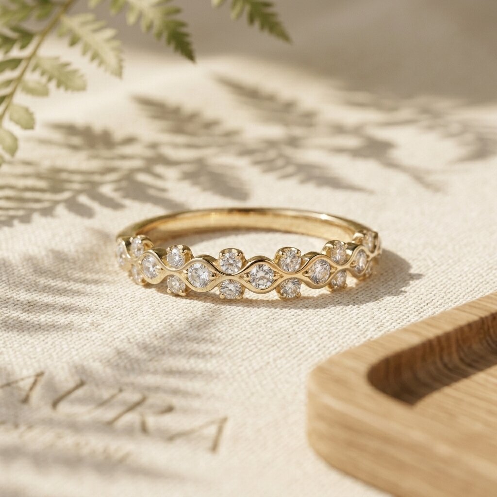 Wavy Moissanite Wedding Band, Dainty Stacking Ring, Curved Half Eternity Band
