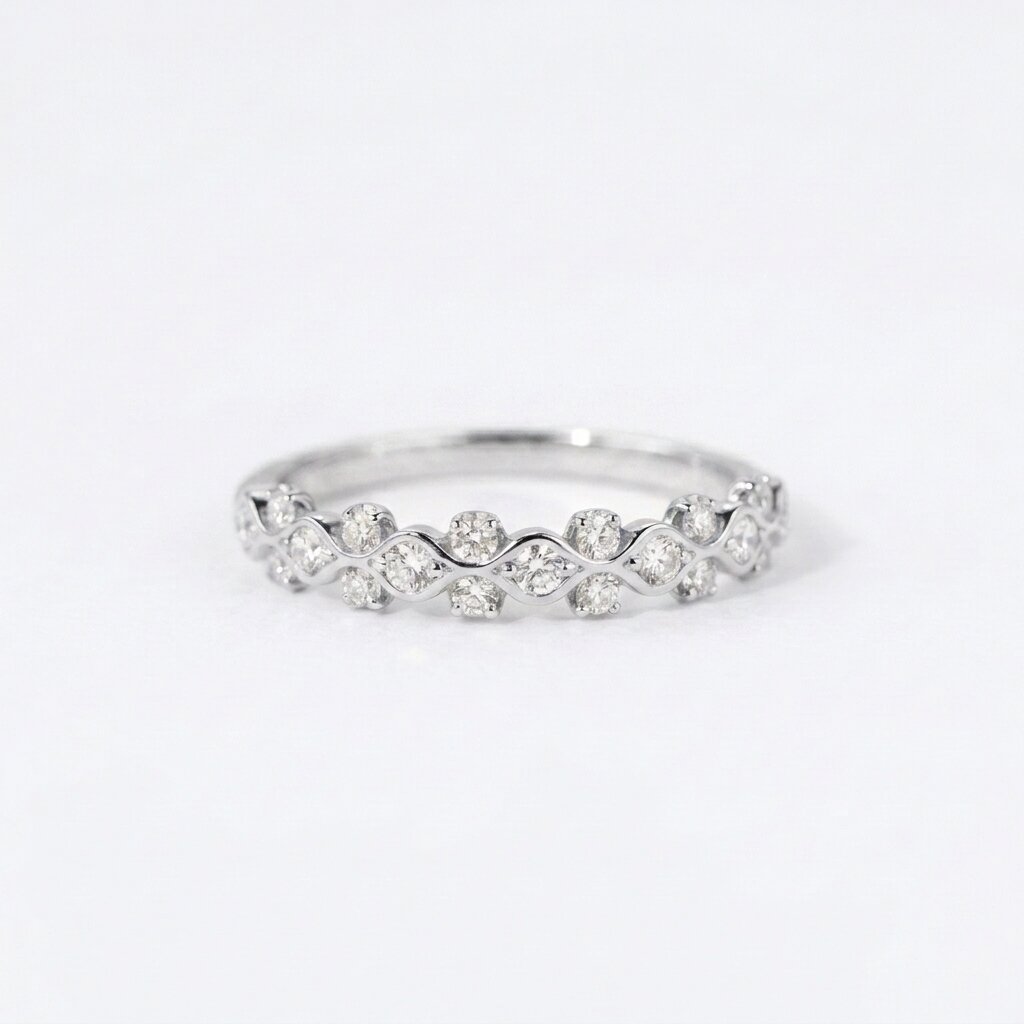 Wavy Moissanite Wedding Band, Dainty Stacking Ring, Curved Half Eternity Band