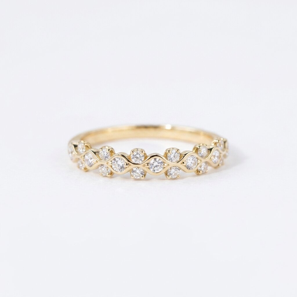 Wavy Moissanite Wedding Band, Dainty Stacking Ring, Curved Half Eternity Band