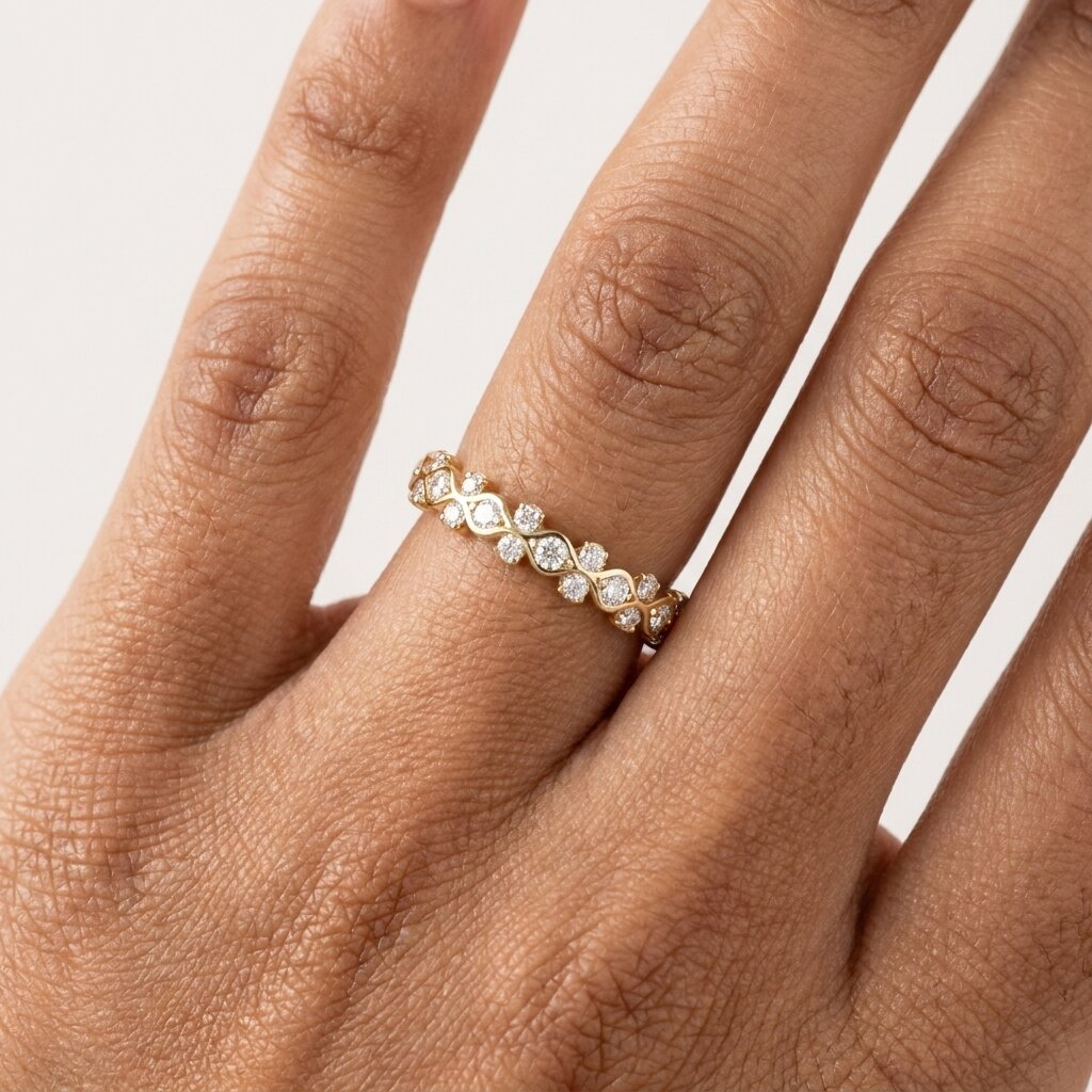 Wavy Moissanite Wedding Band, Dainty Stacking Ring, Curved Half Eternity Band