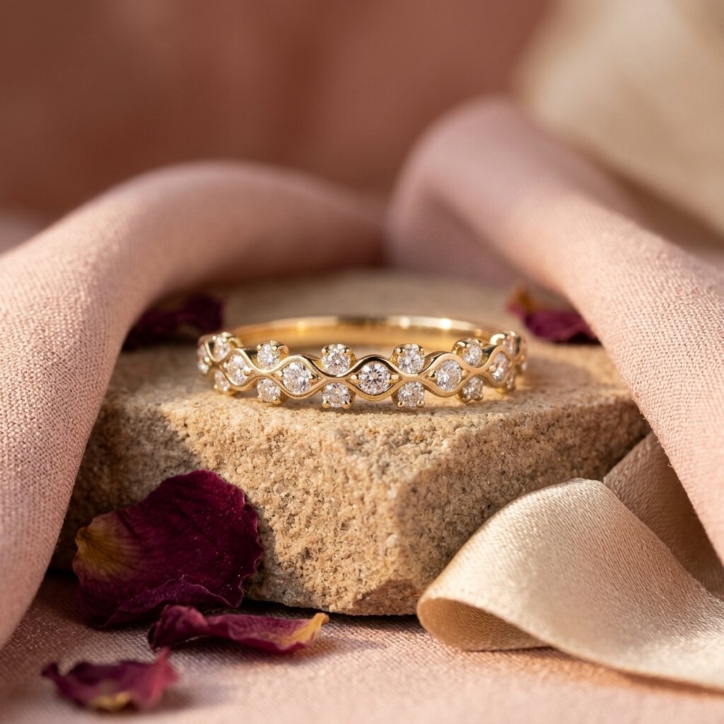 Wavy Moissanite Wedding Band, Dainty Stacking Ring, Curved Half Eternity Band