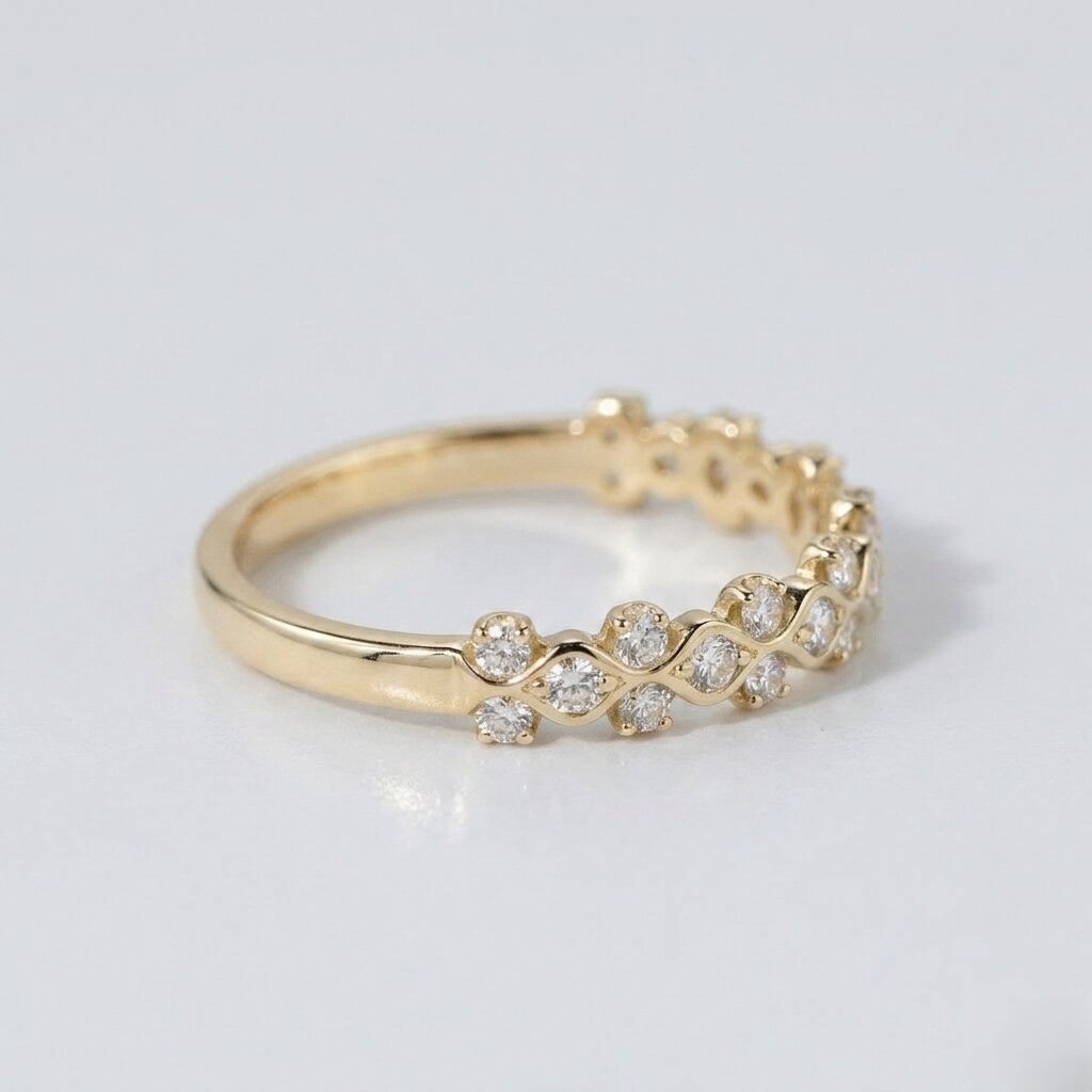 Wavy Moissanite Wedding Band, Dainty Stacking Ring, Curved Half Eternity Band